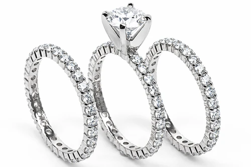 Round 1 Carat Three Ring Eternity Stacking Wedding Set with lab grown diamond simulant cubic zirconia in 14k white gold.