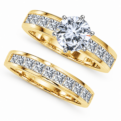 Channel Set Princess Cut 1.5 Carat Round Wedding Set with lab grown diamond simulant cubic zirconia in 14k yellow gold.