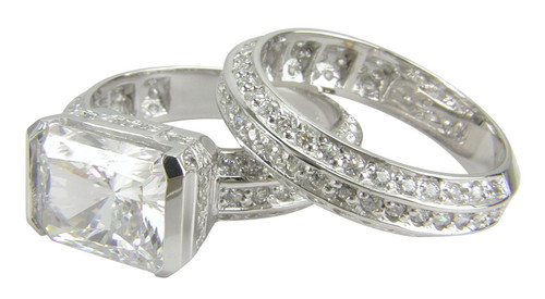 Emerald 4 Carat Radiant Cut Semi Bezel Pave Wedding Set with lab grown diamond alternative cubic zirconia in 14k white gold.