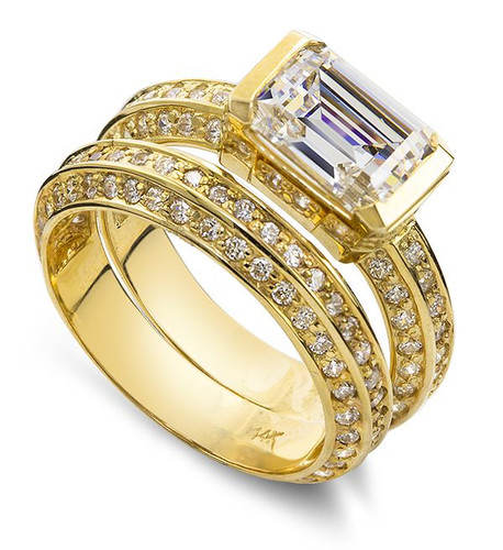 Emerald 4 Carat Radiant Cut Semi Bezel Pave Bridal Set with lab grown diamond look cubic zirconia in 14k yellow gold.