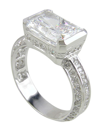 Emerald 4 Carat Radiant Cut Semi Bezel Pave Solitaire with lab grown diamond simulant cubic zirconia in 14k white gold.