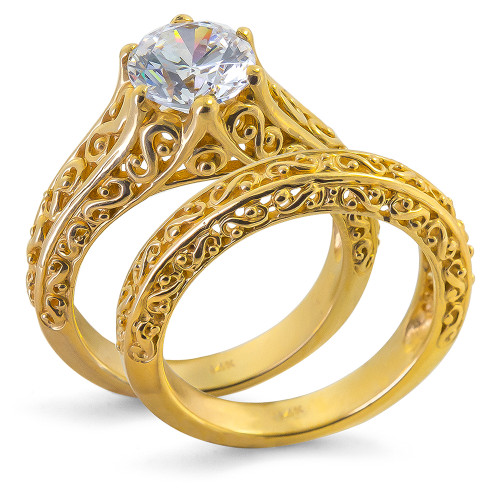 Round 2 Carat Antique Scroll Bridal Set with lab grown diamond quality cubic zirconia in 14k yellow gold.