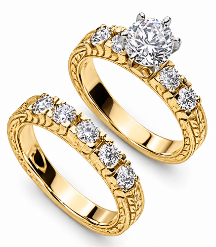 Round 1 Carat Antique Engraved Bridal Set with lab grown diamond look alternative cubic zirconia in 14k yellow gold.