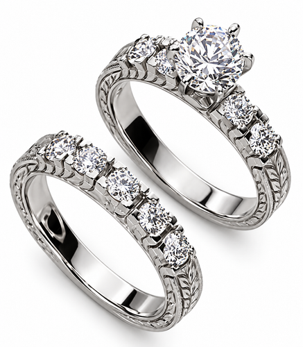 Round 1 Carat Antique Engraved Bridal Set with lab grown diamond simulant cubic zirconia in 14k white gold.