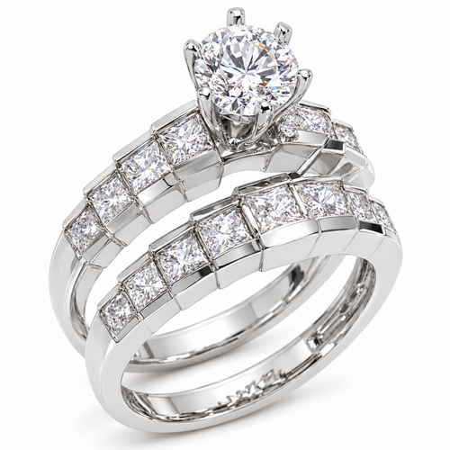 Round 1 Carat Channel Set Princess Cut Bridal Set with lab created diamond look cubic zirconia in 14k white gold.