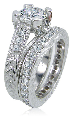 Round 2 Carat Cubic Zirconia Pave Engraved Milgrain Wedding Set with lab grown diamond quality cubic zirconia in 14k white gold.