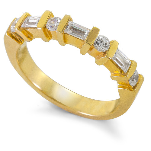 Alternating 1.5 Carat Round and Baguette Channel Bridal Set with simulated lab grown cubic zirconia in 14k yellow gold.