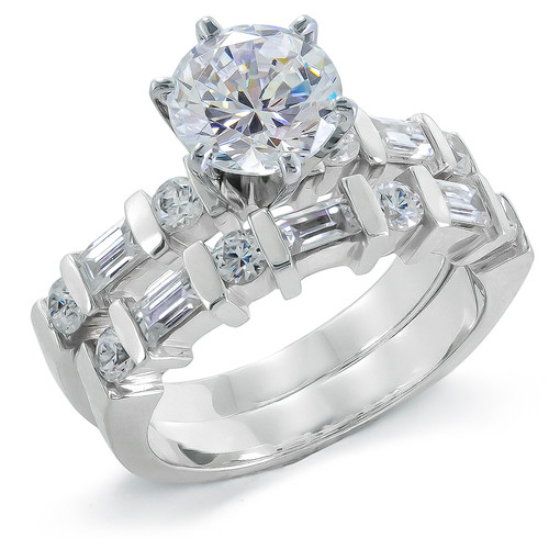 Alternating 1.5 Carat Round and Baguette Channel Bridal Set with simulated lab grown cubic zirconia in platinum.