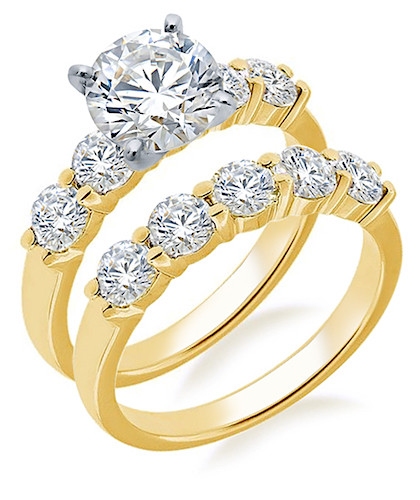 Scalloped 1.5 Carat Round Bridal Set with lab grown diamond quality cubic zirconia in 14k yellow gold.