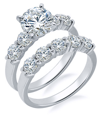 Scalloped 1.5 Carat Round Wedding Set with lab grown diamond look cubic zirconia in 18k white gold.