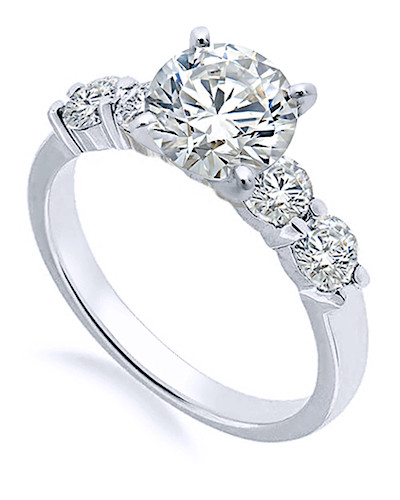 Scalloped 1.5 Carat Round Prong Set Solitaire with lab grown diamond alternative cubic zirconia in 14k white gold.