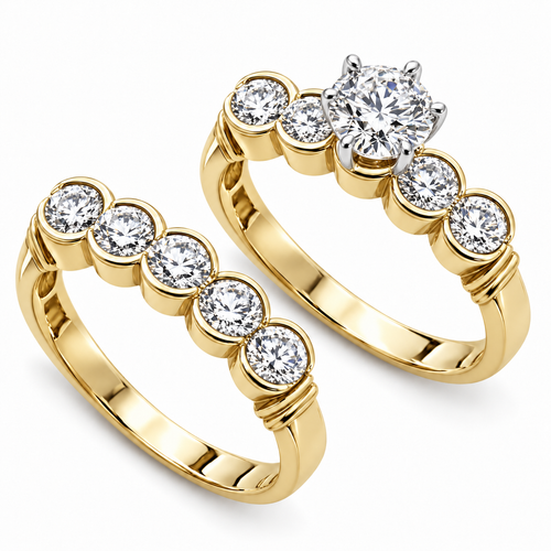Scalloped Bezel Round 1 Carat Bridal Set with lab grown diamond quality cubic zirconia in 14k yellow gold.