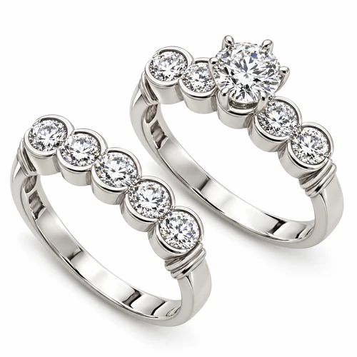 Scalloped Bezel Round 1 Carat Wedding Set with lab grown diamond look cubic zirconia in 14k white gold.