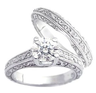 Engraved 2 Carat Round Trellis Luccia Bridal Set with lab grown diamond look cubic zirconia in 14k white gold.