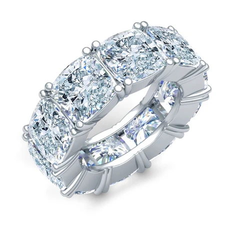 Cushion Cut Square 2.5 Carat Each Four Prong Set Eternity Band with lab grown diamond simulant cubic zirconia.