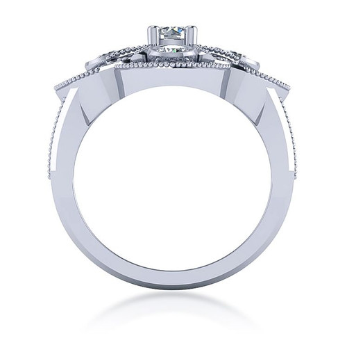 Round .25 carat bezel lab grown diamond simulant cubic zirconia pave milgrain antique designer ring in platinum.