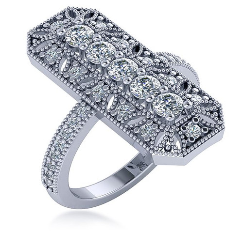 Geodeco Rectangular Five Stone Round Cubic Zirconia Pave Milgrain Antique  Ring