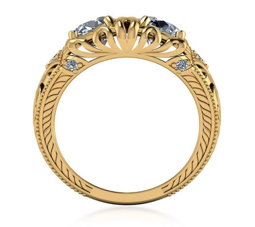 Round 1 carat each two stone lab grown diamond alternative cubic zirconia estate style engraved ring in 18k yellow gold.
