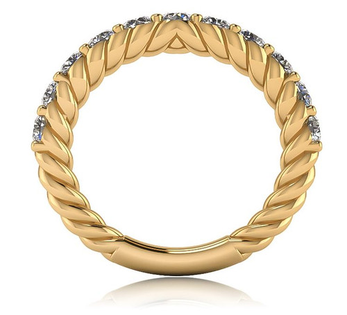 Twisted rope style lab grown diamond simulant cubic zirconia anniversary band in 18k yellow gold.