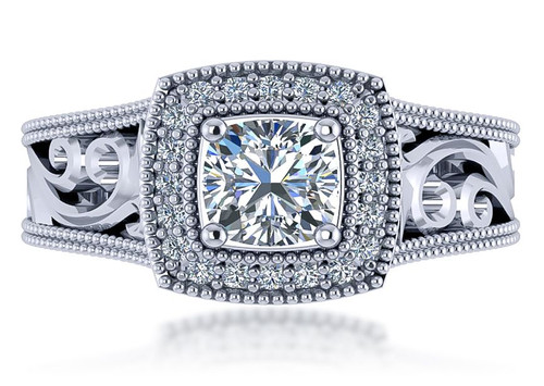 Romani 1 carat cushion cut milgrain laboratory grown diamond quality cubic zirconia halo engraved cathedral engagement ring in 18k white gold.