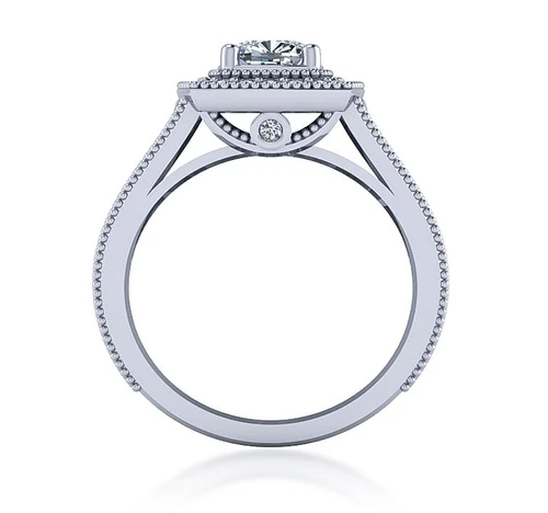 Romani 1 carat cushion cut milgrain laboratory grown diamond look cubic zirconia halo engraved cathedral engagement ring in platinum.