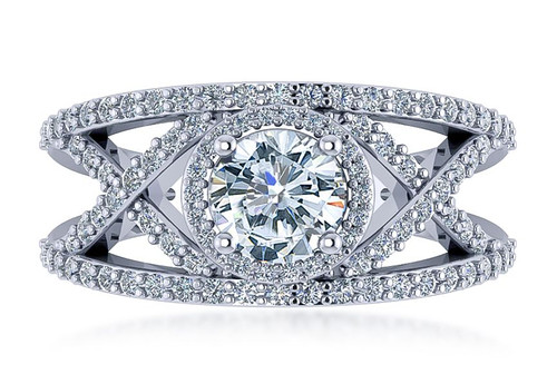 Dontella 1 carat laboratory grown diamond simulant cubic zirconia round halo split shank crossover engagement ring in 18k white gold.