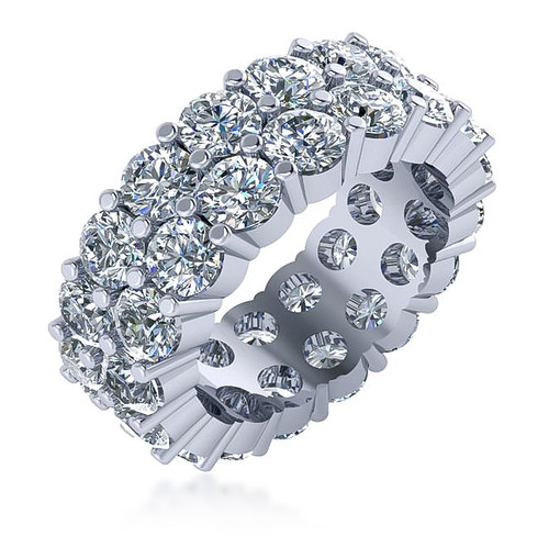 Round 4mm shared prong set double row lab grown diamond quality cubic zirconia eternity band in 14k white gold.