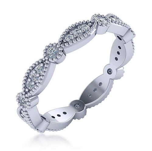 Alternating marquise shaped and round beaded milgrain bezel lab grown diamond look cubic zirconia eternity band in 18k white gold.