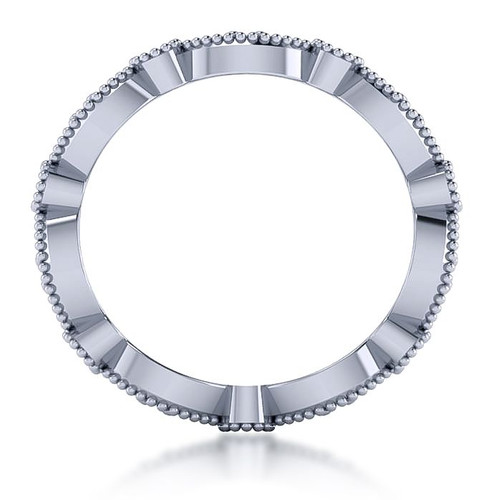 Alternating marquise and round milgrain design laboratory grown diamond look cubic zirconia eternity band in platinum.