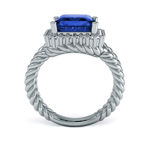 Saturnia laboratory grown diamond alternative cubic zirconia emerald step cut 5.5 carat twisted rope halo engagement ring in platinum.