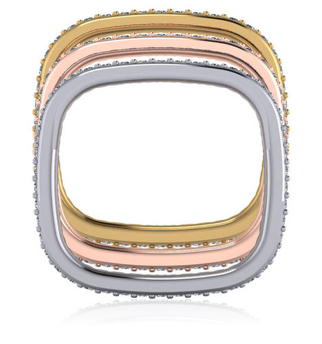Square shaped prong set laboratory grown diamond look cubic zirconia round stackable eternity wedding band in 14k gold, 18k gold and platinum.
