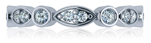 Alternating round and marquise laboratory grown diamond look cubic zirconia bezel pave eternity band in platinum.