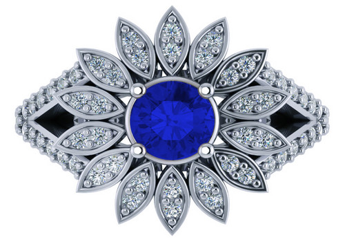 Flower style pave set man made sapphire lab grown diamond cubic zirconia halo split shank ring in 14k white gold.