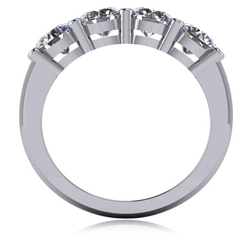 Four stone .50 carat 5mm round lab grown diamond look cubic zirconia shared prong anniversary band in 18k white gold.