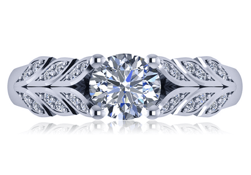 Round 1 carat lab grown diamond look cubic zirconia leaf style four prong engagement ring in 18k white gold.