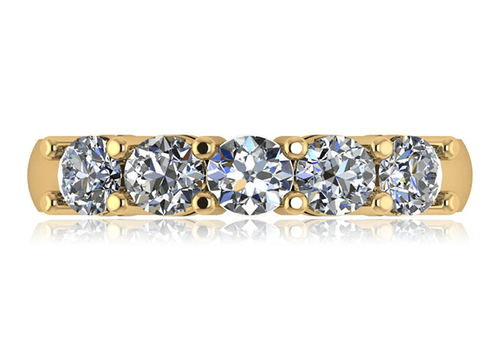 Five stone 4mm round laboratory grown diamond simulant cubic zirconia shared prong anniversary band in 18k yellow gold.