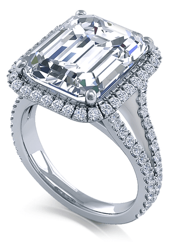 Emerald step cut 7 carat micro pave lab created cubic zirconia halo split shank engagement ring in 18k white gold.