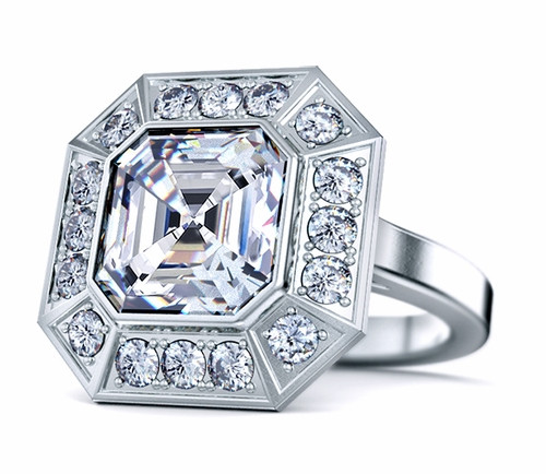 Pippa Middleton 4 carat asscher cut laboratory grown diamond simulant cubic zirconia pave halo engagement ring inspiration in 18k white gold.