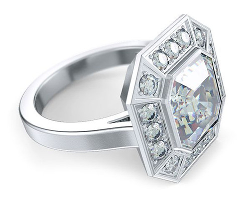Pippa Middleton 2.5 carat asscher cut laboratory grown diamond simulant cubic zirconia pave halo engagement ring inspiration in platinum.