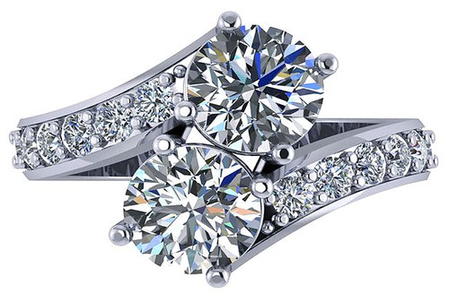 Two stone lab grown diamond simulant cubic zirconia round 1.5 carat bypass couples engagement ring in 18k white gold.