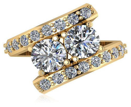 Two stone 1 carat each laboratory grown diamond quality cubic zirconia toi et moi bypass engagement ring in 14k yellow gold.
