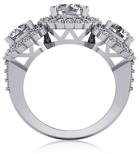 Floweret three stone 1.5 carat round lab grown diamond alternative cubic zirconia pave halo ring in platinum.