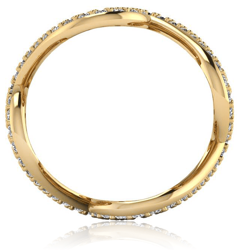 Swirled pave set round lab grown diamond simulant cubic zirconia eternity wedding band in 18k yellow gold.