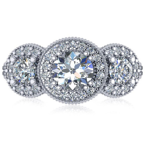 Trista 1 carat three stone round halo pave lab grown diamond simulant cubic zirconia engagement ring in platinum.