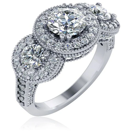 Trista 1 carat three stone round halo pave lab grown diamond alternative cubic zirconia engagement ring in 14k white gold.