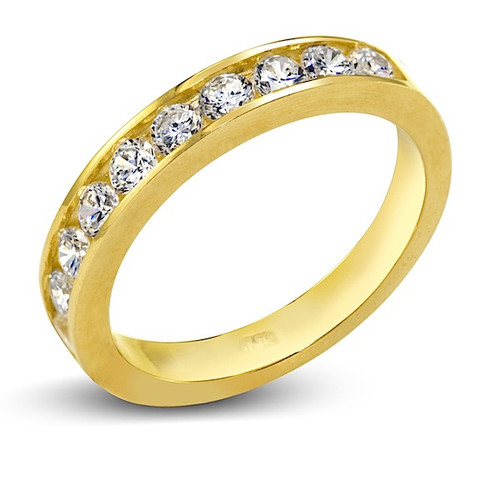 Armitage round channel set lab diamond alternative cubic zirconia anniversary band in 14k yellow gold.