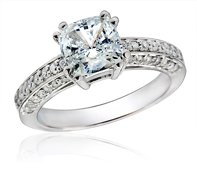 Cushion cut 1.5 carat cathedral split prong pave lab grown diamond alternative cubic zirconia solitaire engagement ring in 14k white gold.