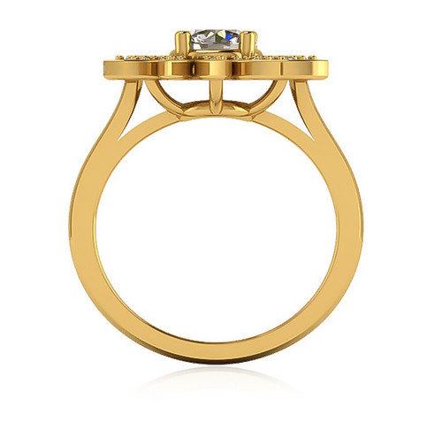 Flower pave set lab grown diamond alternative cubic zirconia round halo ring in 14k yellow gold.