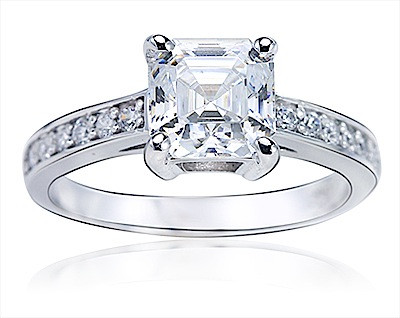 Genova 2.5 carat asscher cut lab grown diamond simulant cubic zirconia pave set cathedral style solitaire in 14k white gold.
