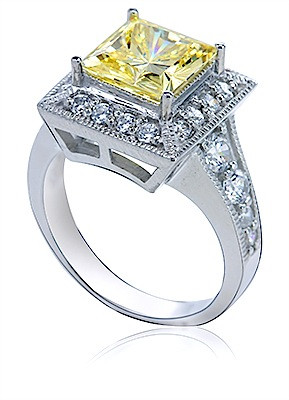 Cassini 2.5 carat princess cut canary lab grown diamond alternative cubic zirconia halo solitaire engagement ring in 14k white gold.